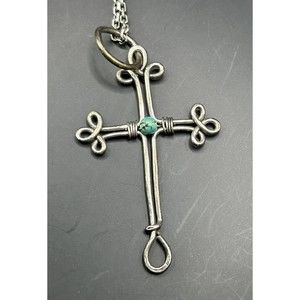 Navajo Turquoise Sterling Silver Cross Necklace Pendant